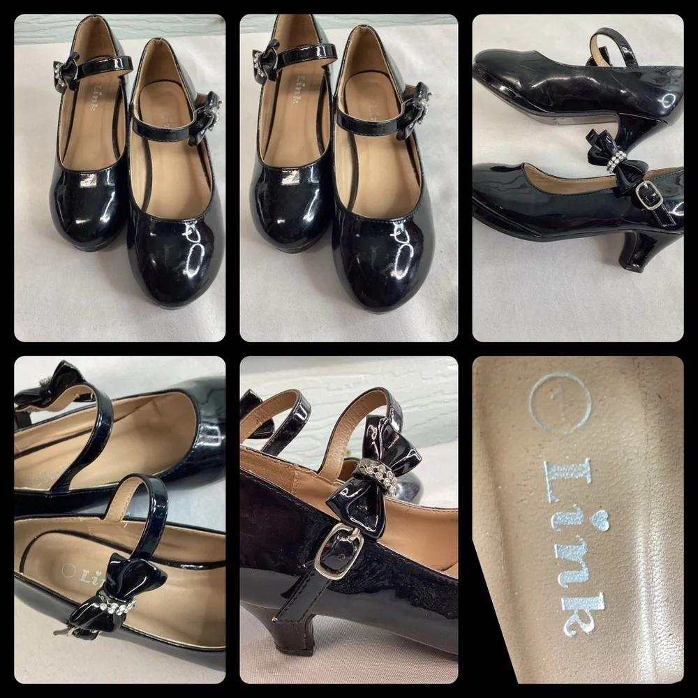 Black patent leather little girl shoes.